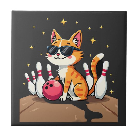 Süße Katze mit Sonnenbrille Katze spielt Bowling f Fliese (Vorderseite)