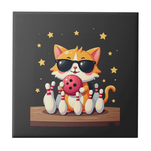 Süße Katze mit Sonnenbrille Katze spielt Bowling f Fliese (Vorderseite)