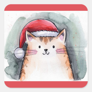 Süße Katze mit Weihnachtsmannmütze Quadratische Au Quadratischer Aufkleber