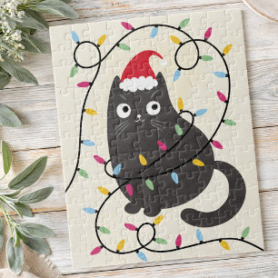 Süße Katze mit Weihnachtsmannmütze und Lichtern We Puzzle