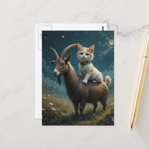 Süße Katze reitet auf einer Ziege auf dem Feld Lus Postkarte
