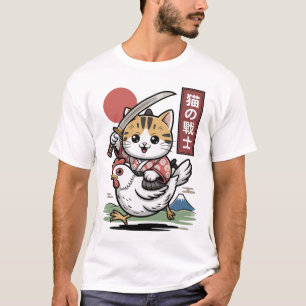 Süße Katze reitet auf Hahn japanische Anime lustig T-Shirt