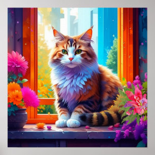 Süße Katze sitzt in einem Stadtfenster Ai Kunst Poster