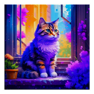 Süße Katze sitzt in Fenster-Kunst Poster