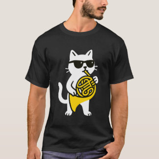 Süße Katze Sonnenbrille Spielt Französischhorn Mus T-Shirt