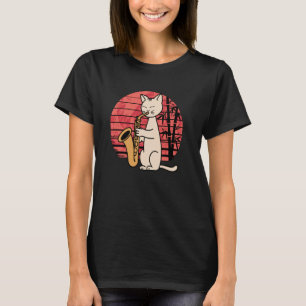Süße Katze spielt Jazz-Saxophon mit lustigem Retro T-Shirt