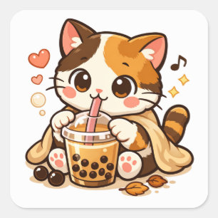 Süße Katze trinkt Bubble Tea   Kawaii Katzen-Desig Quadratischer Aufkleber