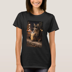Süße Katze trinkt eisgekühlten Kaffee Nacht Szene T-Shirt