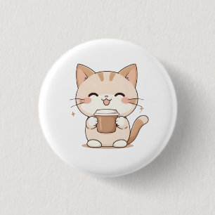 Süße Katze trinkt Kaffee Kawaii Design Button