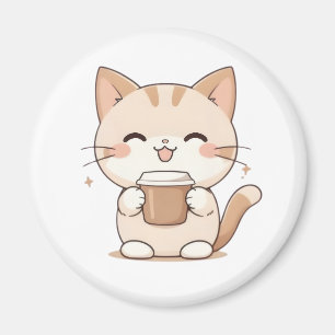 Süße Katze trinkt Kaffee Kawaii Design Magnet