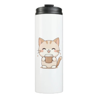 Süße Katze trinkt Kaffee Kawaii Design Thermosbecher