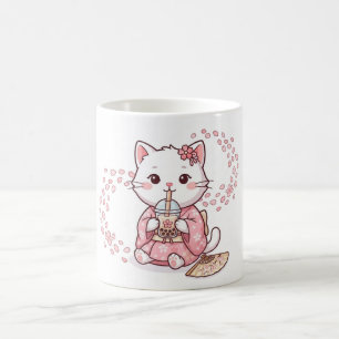 Süße Katze trinkt Sakura-Bubble-Tee Kaffeetasse