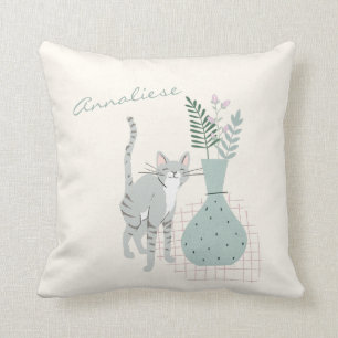 Süße Katze und Blumen Illustration Personalisiert Kissen