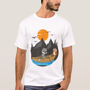 Süße Katze und Eule Angelboot Natur Kunst T-Shirt