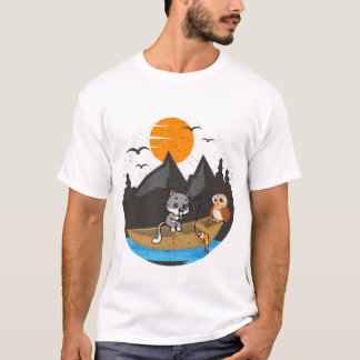 Süße Katze und Eule Angelboot Natur Kunst T-Shirt