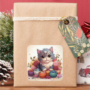 Süße Katze Vintage-Aufkleber Quadratischer Aufkleber
