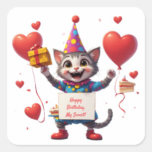 Süße Katze zum Geburtstag mit Geschenk und Schild  Quadratischer Aufkleber