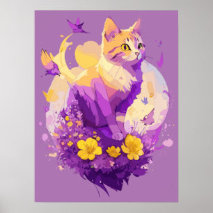 Süße Katzen-Aquarellmalerei mit Flora Poster