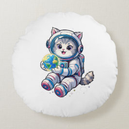 Süße Katzen-Astronautin hält Cartoon-Erde-Kunst Rundes Kissen