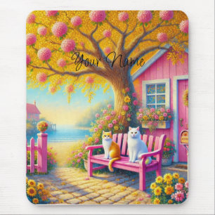 Süße Katzen Baum Garten Blumen Meer Mousepad