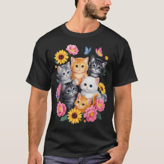 Süße Katzen Blumen Floral T-Shirt
