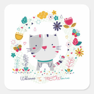 Süße Katzen-Blumengestaltung Quadratischer Aufkleber