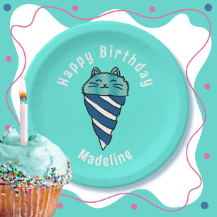 Süße Katzen-Cartoon Blaue Eiscreme-Tüte Geburtstag Pappteller