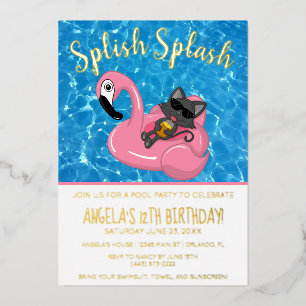 Süße Katzen-Flamingo-Kinder-Geburtstags-Poolparty Folieneinladung