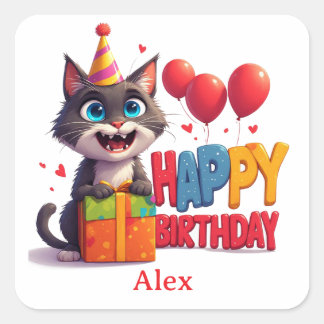Süße Katzen-Geburtstagsfeier 🥳 Quadratischer Aufkleber