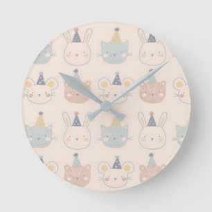 Süße Katzen, Hasen und Bären Gesichter Pastell-Mus Runde Wanduhr