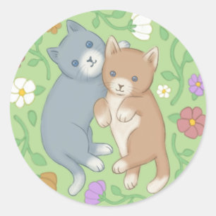 Süße Katzen und Blumen Illustration Runder Aufkleber