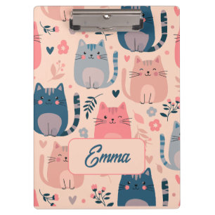 Süße Katzen und Blumenmuster Individuelle Monogram Klemmbrett