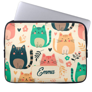 Süße Katzen und Blumenmuster Individuelles Monogra Laptopschutzhülle