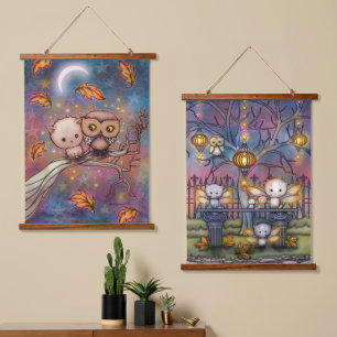 Süße Katzen- und Eulen-Kunst von Molly Harrison Wandteppich Mit Holzrahmen