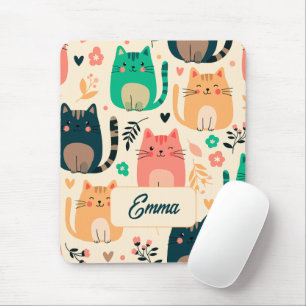 Süße Katzen und florales Muster Individuelles Mono Mousepad