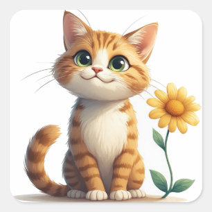 Süße Katzenfigur mit Blumenfreude 🌷 Quadratischer Aufkleber