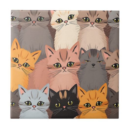 Süße Katzengesichter illustriertes Muster Fliese (Vorderseite)
