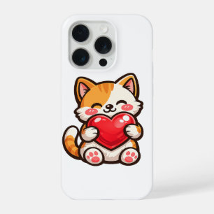 Süße Katzenherz – Kawaii-Katze umarmt rotes Herz,  iPhone 15 Pro Hülle