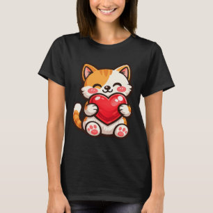 Süße Katzenherz – Kawaii-Katze umarmt rotes Herz, T-Shirt
