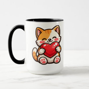 Süße Katzenherz – Kawaii-Katze umarmt rotes Herz, Tasse