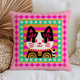 Süße Katzenillustration auf Streifen-Blumen-Katze Kissen