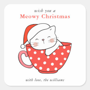 Süße Katzenillustration Rot & Weiß Meowy Weihnacht Quadratischer Aufkleber