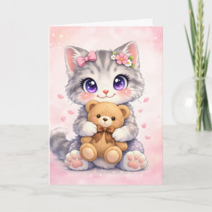 Süße Katzenjunge umarmt Teddybär Grußkarte Karte