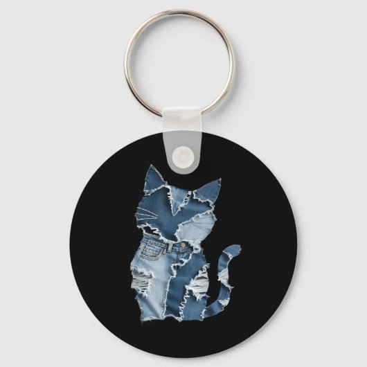 Süße Katzenmuster-Denim-Patchwork-Lustiger Katzenl Schlüsselanhänger (Vorderseite)