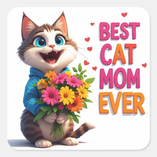 Süße Katzenmutter Kitty Mit Blumenherzen 🐱 Quadratischer Aufkleber (Vorderseite)