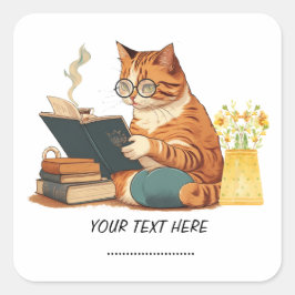 süße Katzenmutter liest ein Buch und trinkt Kaffee Quadratischer Aufkleber