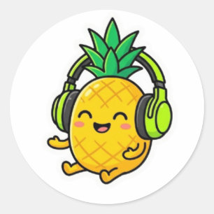 Süße Kawaii Ananas mit Kopfhörern SuSticker Runder Aufkleber