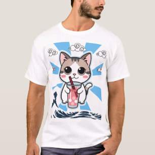Süße Kawaii-Anime-Katze Bubble Tea Great Wave Kuns T-Shirt