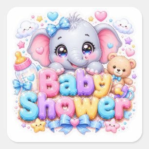 Süße Kawaii-Baby-Shower-Elefant-Pastellrosa-Teddy Quadratischer Aufkleber