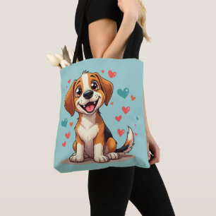 Süße Kawaii-Beagle mit Herzen Spielende Hunde-Kuns Tasche